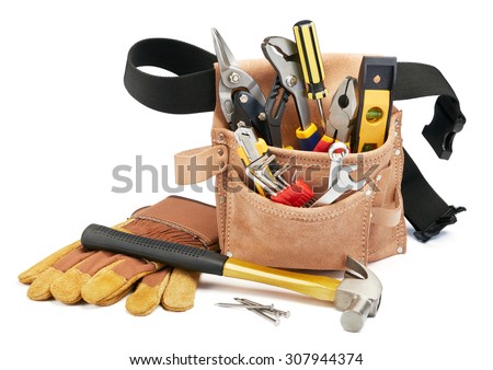 variety of tools with tool belt on white background