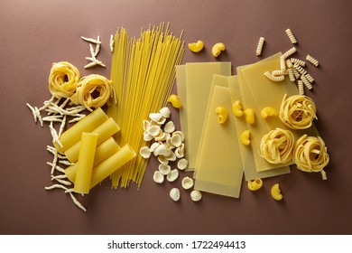 Variety Of Types And Shapes Of Italian Dry Pasta Overhead View