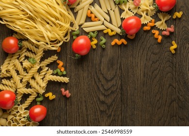 A variety of uncooked pasta types including spaghetti, shells, farfalle, fusilli, tagliatelle, and colorful spirals neatly arranged on a rustic wooden surface - Powered by Shutterstock