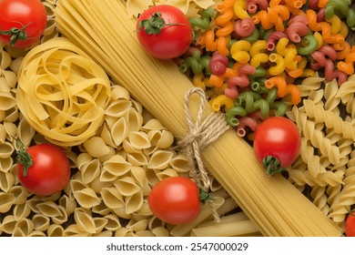 A variety of uncooked pasta types including spaghetti, shells, farfalle, fusilli, tagliatelle, and colorful spirals neatly arranged on a rustic wooden surface - Powered by Shutterstock