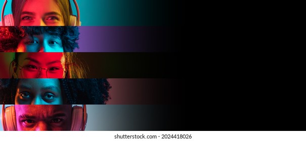 Variety of views. Collage of cropped male and female faces, eyes isolated over gradient backgrounds in neon lights. Close-up. Concept of human emotions, facial expressions