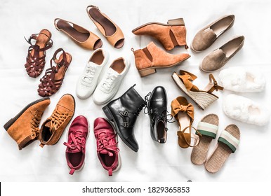 Variety Of Women's Fashion Comfortable Shoes Of All Seasons On A Light Background, Top View   