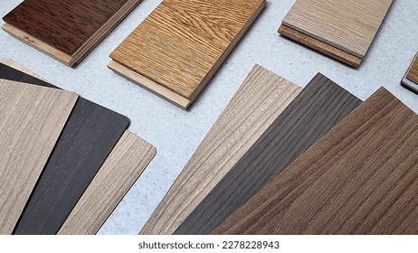 variety of wood texture for furniture and flooring furnishing material samples. interior material design samples in close up view. laminated, veneer, engineering wood flooring samples. - Shutterstock ID 2278228943