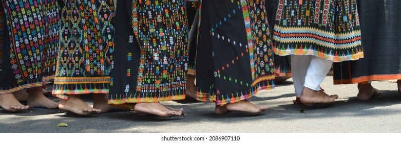 Variety woven patterns, traditional skirts from Manggarai, East Nusa Tenggara, Indonesia. Weared by dancers. Selective focus.