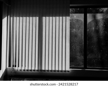 Vario roller blinds. Pattern and texture. Window frame. Black and white, monochrome. Home Environment.