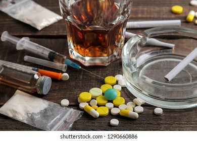 Glass Whiskey Cigarettes Drugs On Dark Stock Photo 1640524051 ...