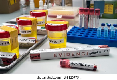 Various Analyses Of Urine, Saliva And Blood Of Homicide Suspects In Crime Lab, Conceptual Image.