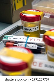 Various Analyses Of Urine, Saliva And Blood Of Homicide Suspects In Crime Lab, Conceptual Image.