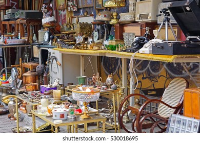 Various Antique Objects For Sale At Flea Market