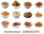 Various Arabic cuisines set. Falafel, beef curry, bbq, biryani, mandi, grilled meat, shrimp, soup, steak, lobster. Delicious middle eastern food dishes set. Arab traditional foods assortment.