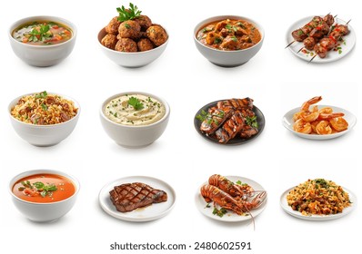 Various Arabic cuisines set. Falafel, beef curry, bbq, biryani, mandi, grilled meat, shrimp, soup, steak, lobster. Delicious middle eastern food dishes set. Arab traditional foods assortment. - Powered by Shutterstock