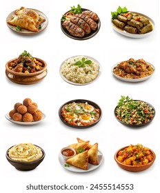 Various Arabic Middle Eastern food dishes set collection, isolated on white background. hummus, menemen, tabbouleh salad, doner kebab, kofte, falafel, mandi rice, dolma. Arabic traditional food set.