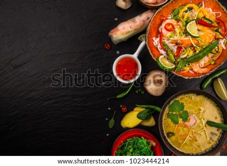 Various of asian meals on rustic background , top view , place for text. Asian food concept.