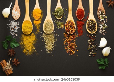 Various Asian spices in spoons on black background. Top view. - Powered by Shutterstock