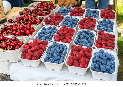 Various baskets filled with fresh cherries, raspberries, and blueberries at a market stall, showcasing vibrant colors and textures - Powered by Shutterstock