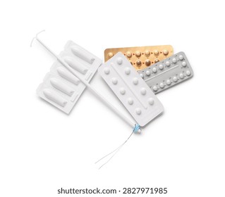 Various birth control methods including an iud, oral contraceptive pills, and vaginal suppositories on a white background