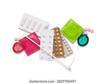 Various birth control methods including condoms oral contraceptive pills IUD and suppositories for family planning and sexual healthcare