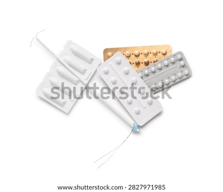 Various birth control methods including an iud, oral contraceptive pills, and vaginal suppositories on a white background