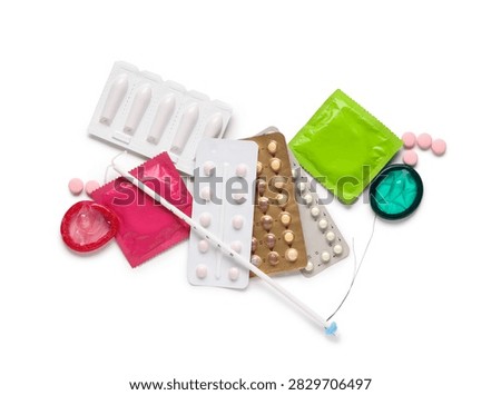 Various birth control methods including condoms oral contraceptive pills IUD and suppositories for family planning and sexual healthcare