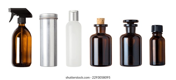 various blank bottles and containers - spray bottle, aluminium tin with screw lid, amber glass bottles and a white one, isolated packaging design elements, front view