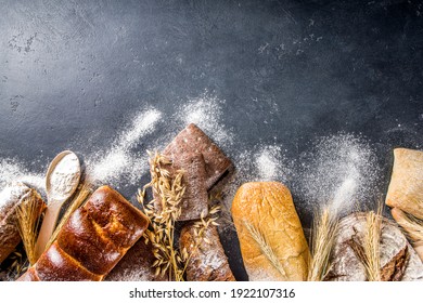 Various bread set. Many different wheat, grain and rye bread with ears of rye and wheat, flour and baker's tools on a white wooden background