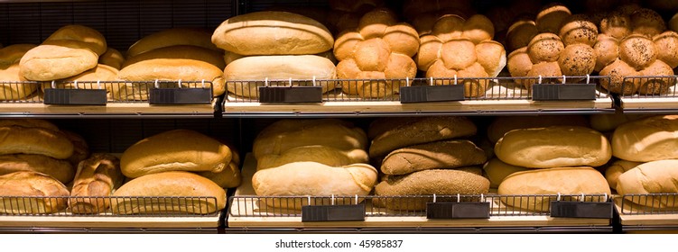 Various Bread Type On Shelf. Bakery Shop Concept