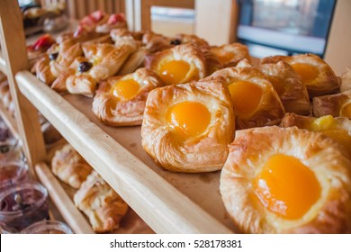 Various Bread Type On Shelf In Bakery Shop.