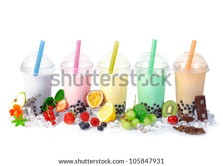 Various Bubble Tea in a row isolated on white background with different fruits.