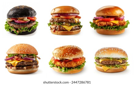 Various burgers menu. Double patty grilled burger, zinger burger, chicken burger, beef patty sandwich, black burger. Different varieties Burgers.  - Powered by Shutterstock