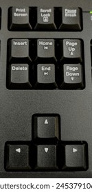 Various buttons on computer key board including insert, home, page up, page down, delete, print screen, scroll lock and pause-break besides up-down-side buttons.