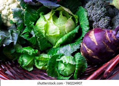Various of Cabbage Broccoli Cauliflower. Assorted of Cabbages in Basket