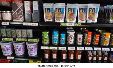 Various CBD Infused Edible Products On A Shelf Inside Retail Store. Photo Taken In Vista, CA / USA - November 25, 2019.                               