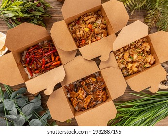 Various Chinese food in take-out box, flat lay, top view
