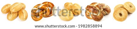 Various Classic Buns, Bagel, Lye Rolls and Pretzel isolated on white Background.