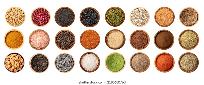 Various collection of condiment spicy and herb isolated on white background. Top view