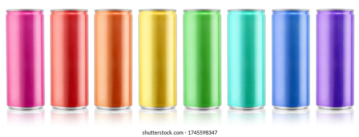 Various color beverage aluminium metal cans design template. Isolated on white background. Clipping path for each object.