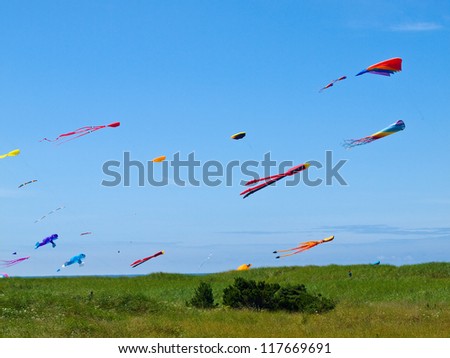 Similar – a colorful garland blows in the wind on the north sea