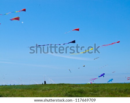 Similar – a colorful garland blows in the wind on the north sea