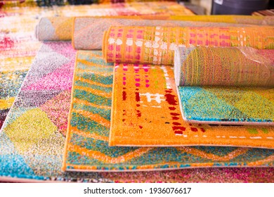 Various Colorful Wool Rugs For Sale At Store, No People