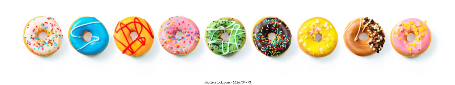 Various colourful donuts in a row isolated on white background - Powered by Shutterstock