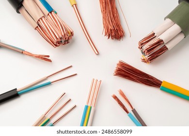 Various Copper Electrical Wires Isolated on White Background