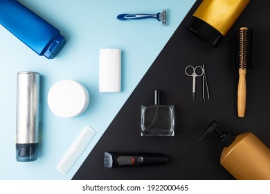 Various Cosmetic Stuff For Men On Pastel Blue And Black Background. Toiletry Kit Or Set.