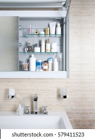 Various Cosmetics And Bath Products In Bathroom Cabinet