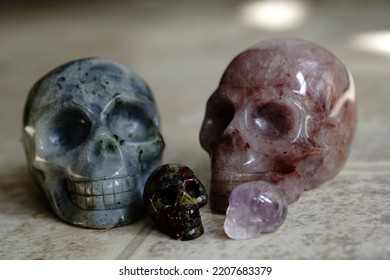                                Various Crystal Skulls On Linoleum.