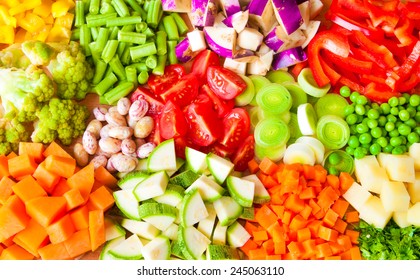 Various Cut Vegetables On Wood