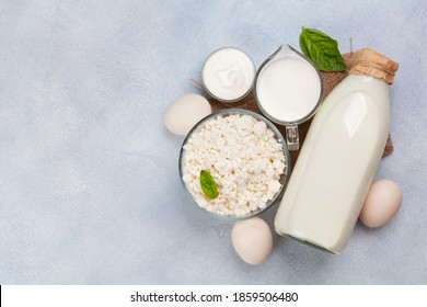 Various Dairy Products. Milk, Cheese, Cottage, Sour Cream. Top View Flat Lay With Copy Space