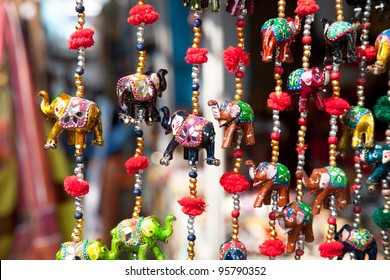 Various of decorative elephants from wood in different colors in Mattancherry Market in Kochi, Kerala, India