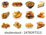 Various delicious fast foods set, unhealthy fast foods isolated on white background. assortment junk foods. beef burger, chicken burger, grilled sandwich, donut, ramen noodles, fries, spring rolls.