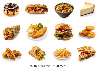 Various delicious fast foods set, unhealthy fast foods isolated on white background. assortment junk foods. beef burger, chicken burger, grilled sandwich, donut, ramen noodles, fries, spring rolls.