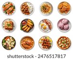 Various delicious foods set, top view plates of fast foods isolated on white background. Assortment of top view food dishes. pizza, pasta, salmon, lasagna, rolls, bbq, ice cream. Italian food set. 